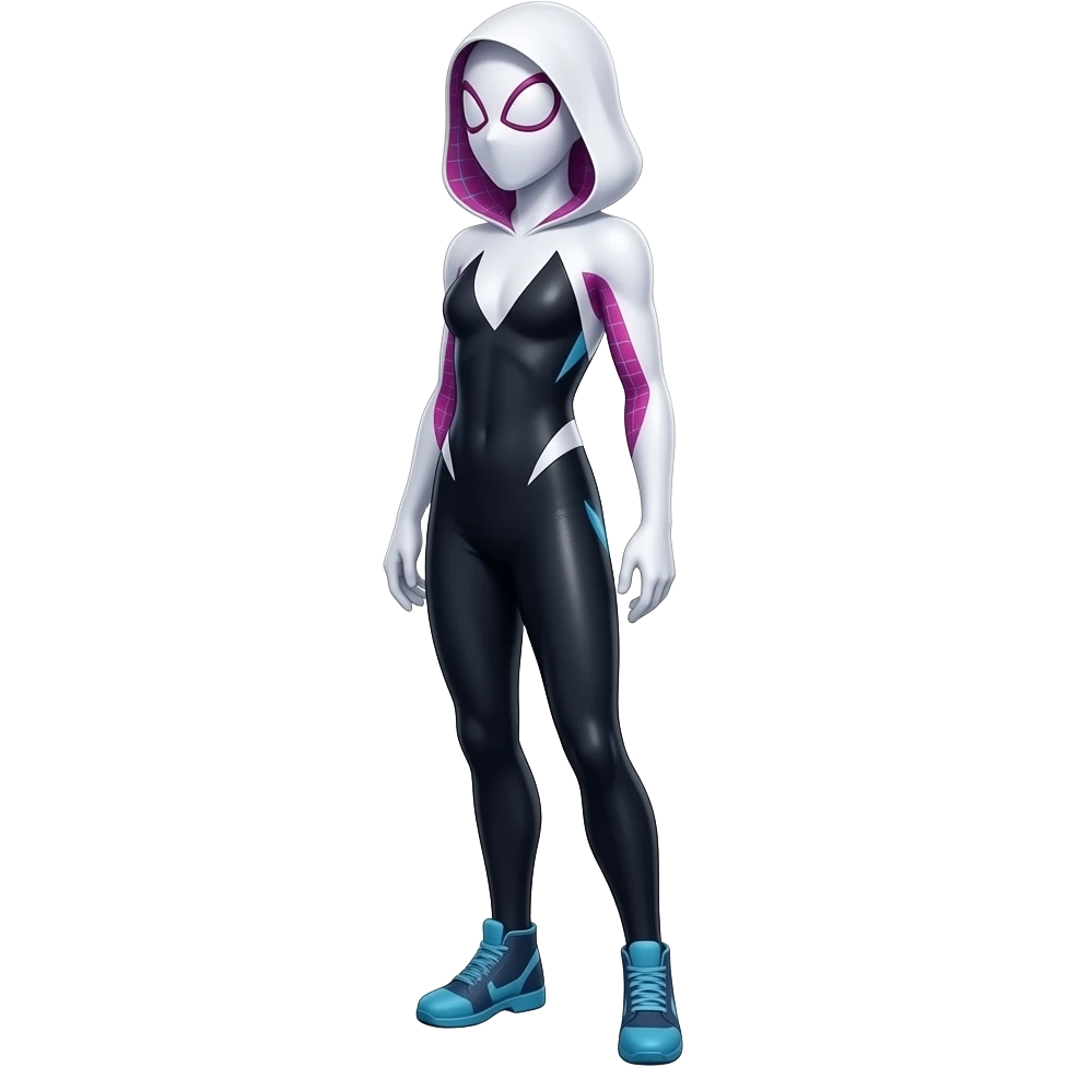 full standing spider gwen in proper classic spiderman suit with mask ( left side angle) emoji