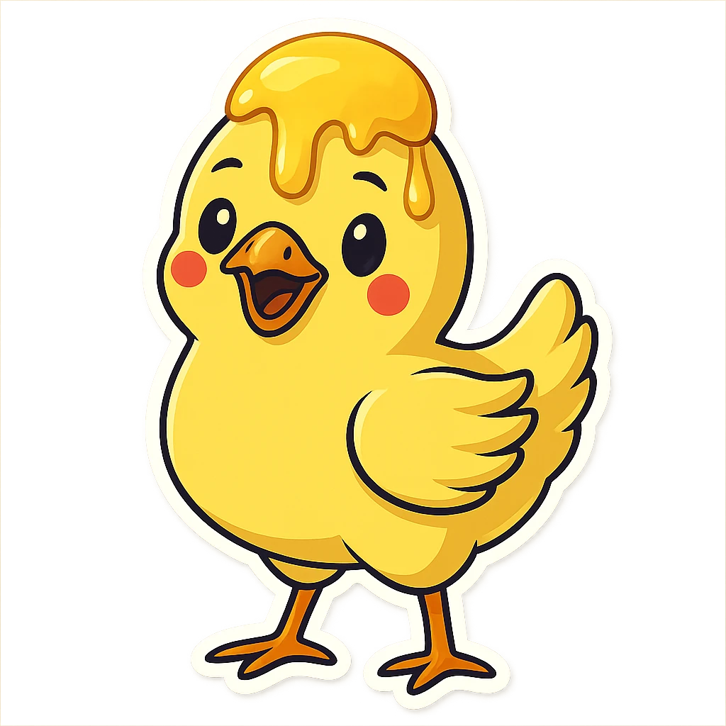 Make the butter on the chicken's head melting, in sticker style, keep the background transparent. The original style is sticker which does not support editing, so using general style to respect the sticker look. emoji