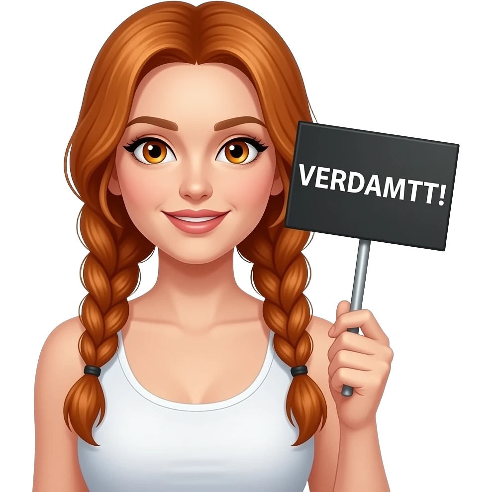 sexy girl with long ginger braids and ginger eyes wearing a white tanktop is holding a black sign with VERDAMMT! written on it emoji