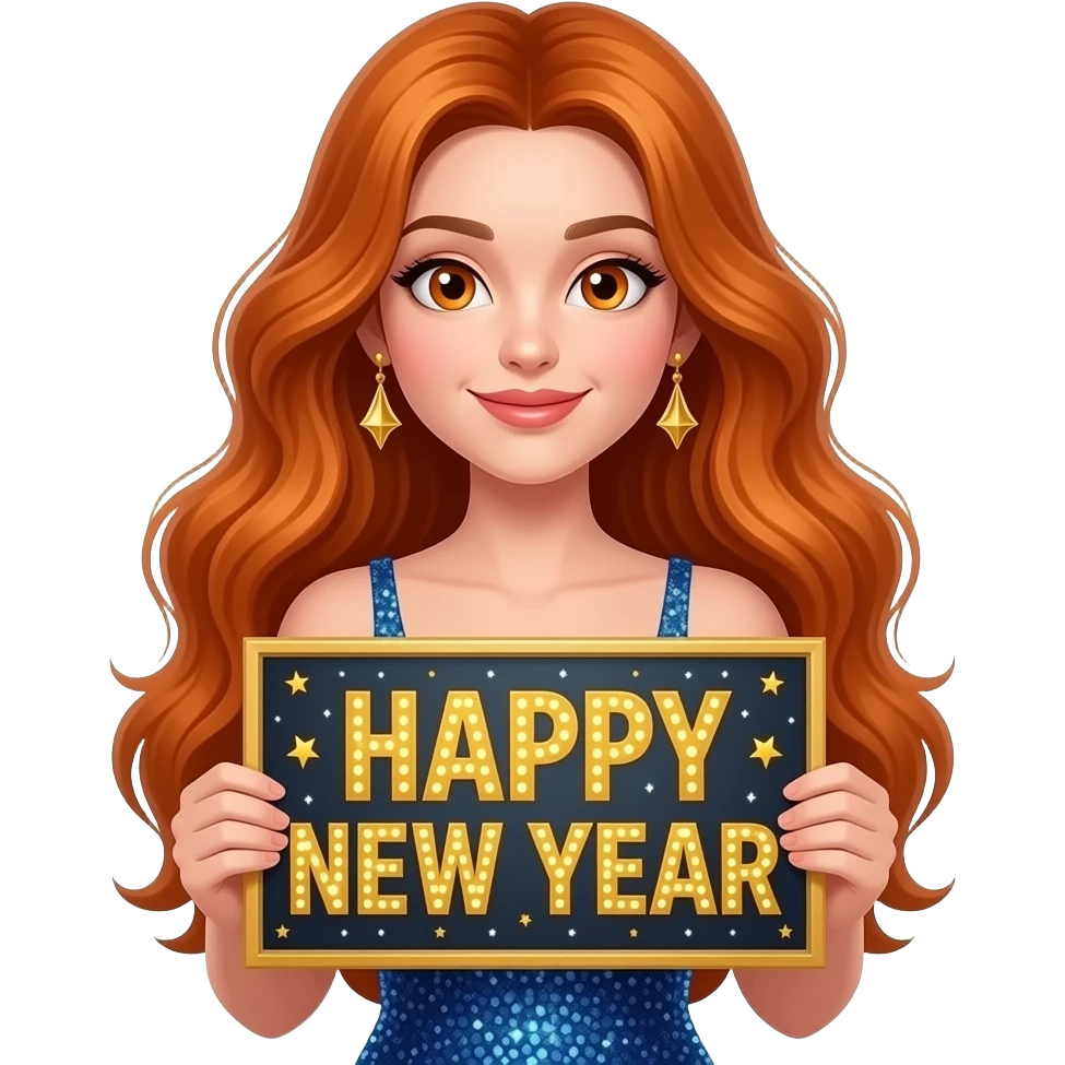 sexy girl with overlong ginger hair and ginger eyes wearing a new years eve dress holding a HAPPY NEW YEAR sign emoji