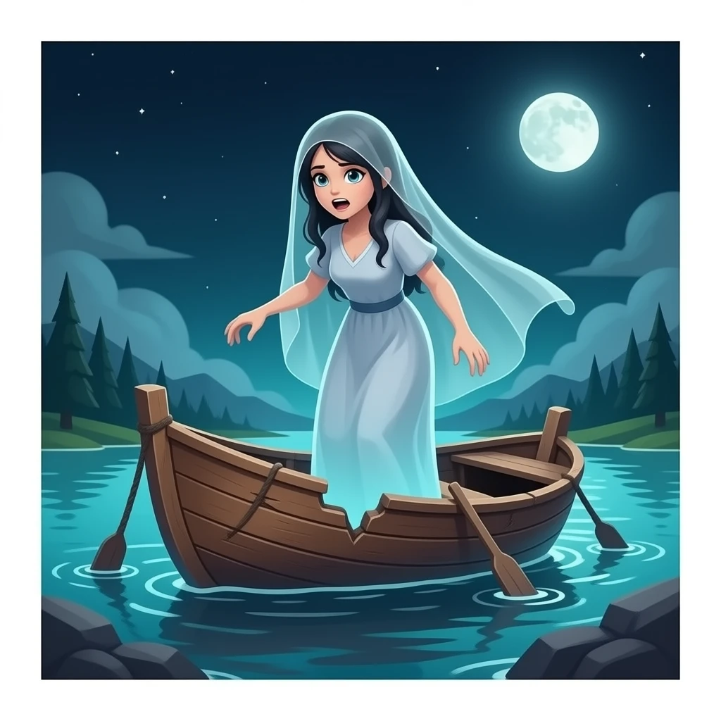 cinematic surreal- a broken boat with a terrifying female apparition around which a transparent veil flutters hovers emoji