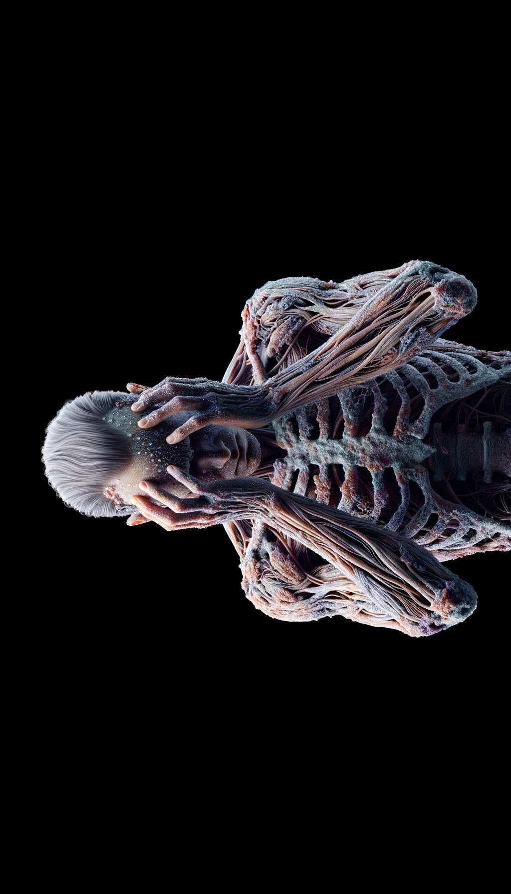 CORPO UMANO ANATOMICO REALISTICO CON COLORI REALISTICI DISPERATO, POSA FRONTALE,  SI TIENE LE MANI SULLA FRONTE E NON SA COSA FARE, SUDATO, IPERREALISTICO 4K, SFONDO BIANCO emoji