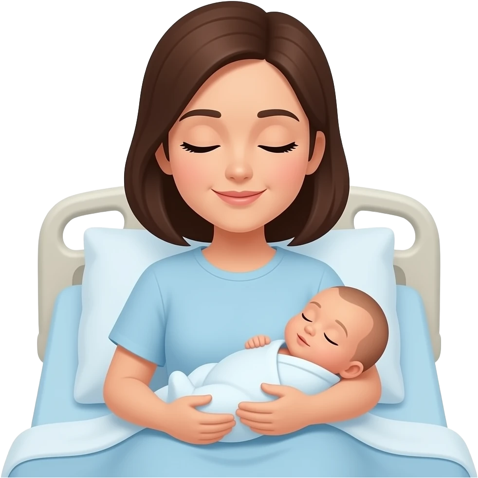 A mother on hospital bed with newborn baby boy with his eyes closed and no hair emoji