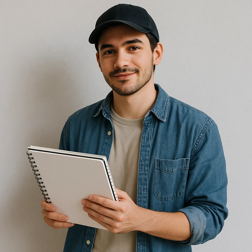young designer with a baseball cap, holding a sketchbook, casual look emoji