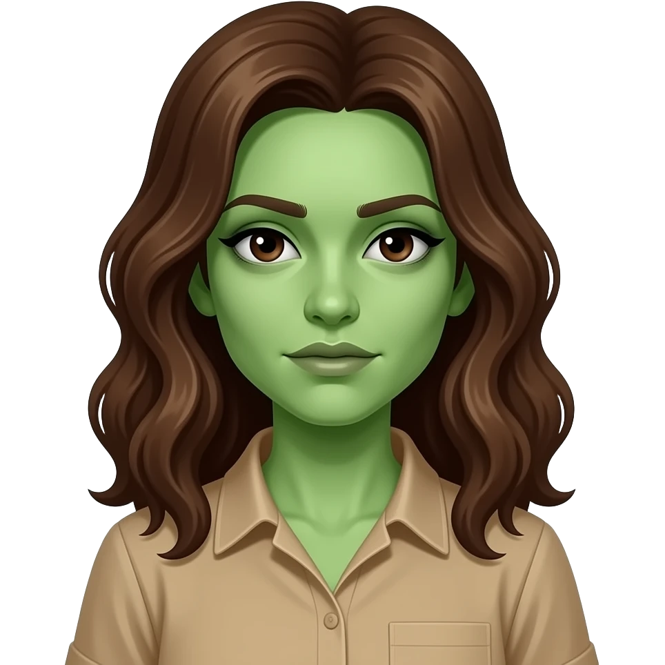 mulher zumbi camisa bege, pele esverdeada, cabelo ondulado castanho e olhos escuros emoji