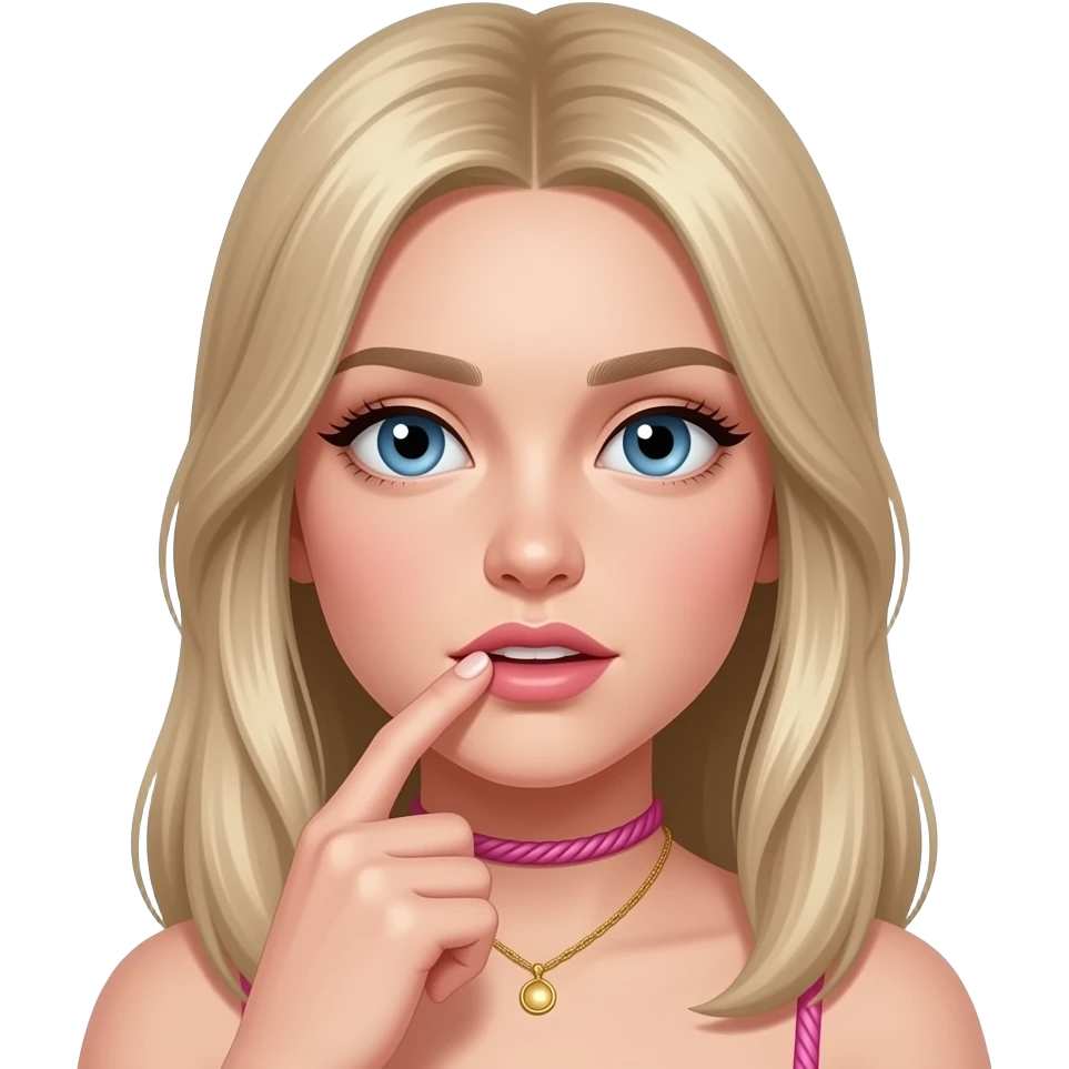 que se muerda el dedo la chica un poco mar realista el pelo rubio y largo lacio nariz perfecta y el lazo rosa el  dedo un poco mas a dentro de la boca emoji