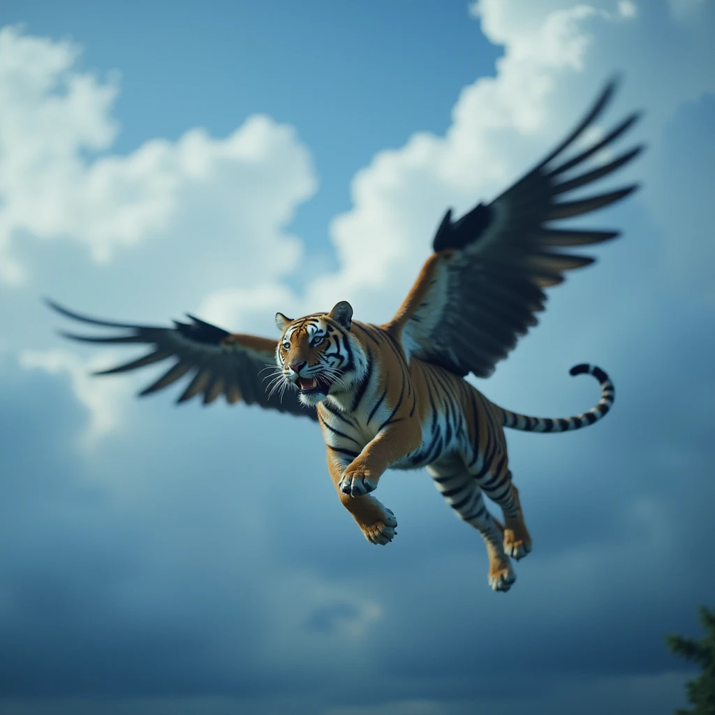 Cinematic still of a Tiger with wings and corwn flying around clouds, blue solid color, with cinematic blur emoji