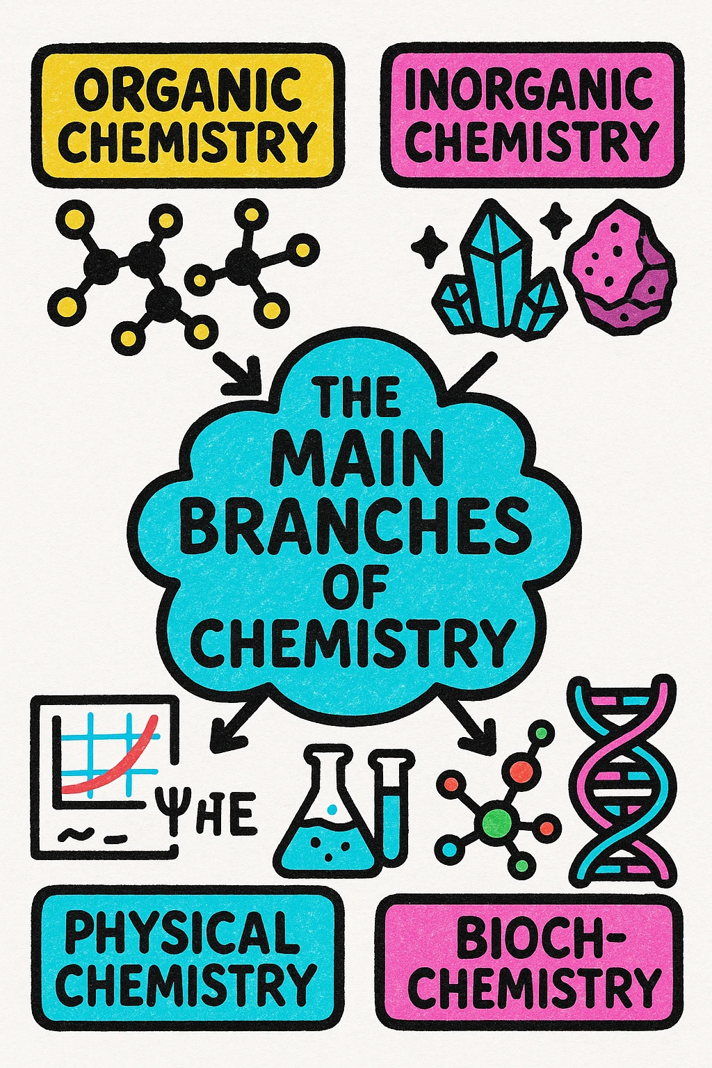 A creative and unique poster about the main branches of chemistry. The poster should have a central theme that ties all the branches together, such as a mind map: Organic Chemistry, Inorganic Chemistry, Physical Chemistry, Analytical Chemistry, and Biochemistry. Include icons and illustrations for each branch, such as molecular structures for Organic Chemistry, crystals or minerals for Inorganic Chemistry, graphs or equations for Physical Chemistry, laboratory equipment for Analytical Chemistry, and DNA strands or biological molecules for Biochemistry. Use a vibrant and cohesive color scheme with different colors for each branch. The layout should be clean and organized with clear headings and concise descriptions. emoji