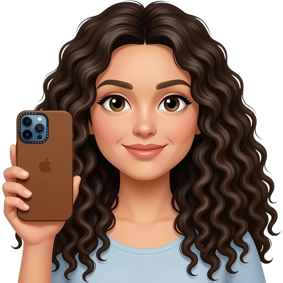 A curly long haired girl 28 years old dark brown color hair holding an iPhone 15 pro max with Casetify brown case emoji