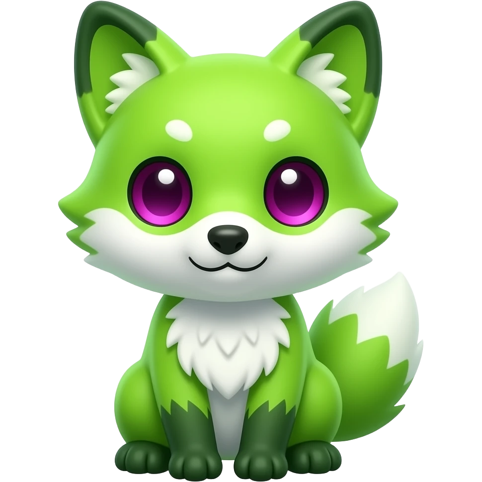Cute chibi kawaii Neon-light-lime-green furry fox with white belly and white muzzle, dark-green paws, dark green ears, and magenta eyes emoji