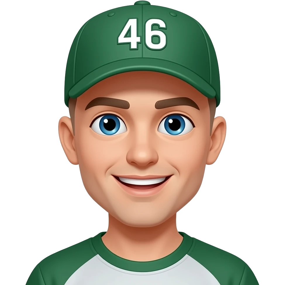 face of a young bald man with blue eyes, smiling, wearing a green baseball cap with number 46 on it emoji