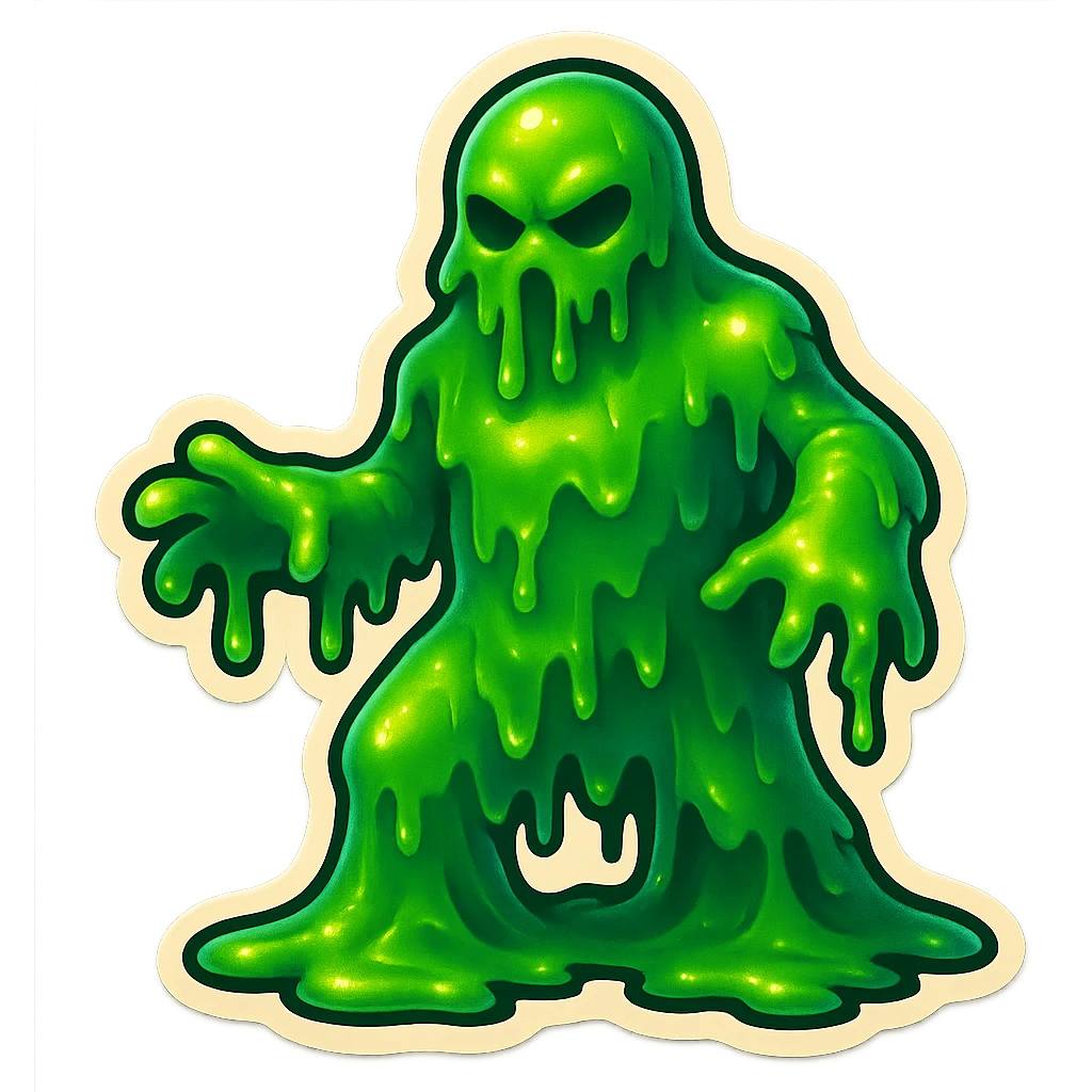 Slime monster. green slime. scary sinister. slime attacks. show full body. more dripping slime. talk humanoid slime creature. sinsiter and scary...green slime. has 2 arms and a vague head emoji