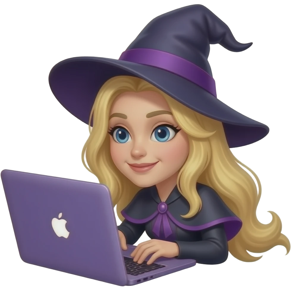 blonde witch with head on purple apple macbook keyboard, purple and black outfit emoji