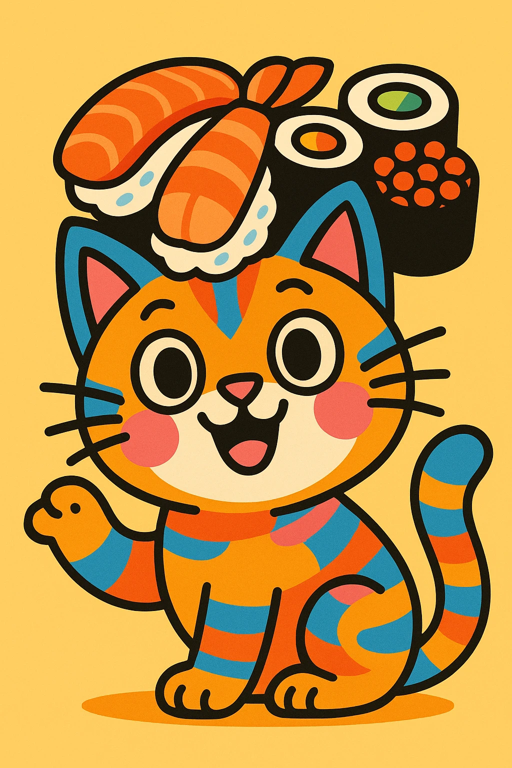 vibrant and playful cat wearing a hat made out of sushi, colorful and fun emoji