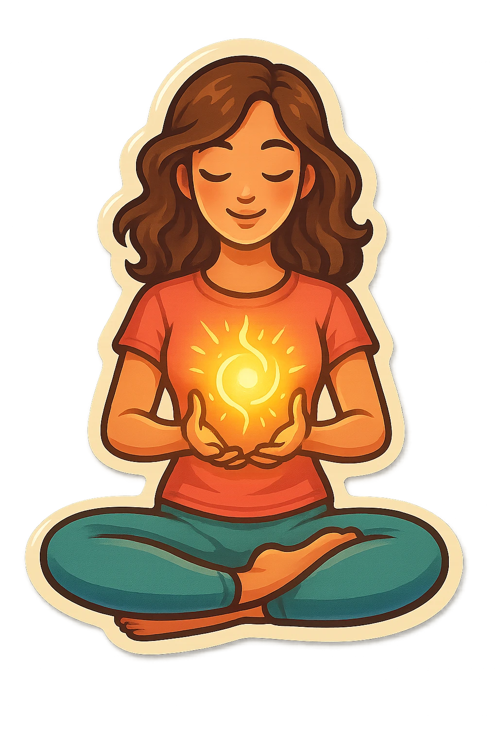 feminine drawing of girl in lotus pose holding glowing energy, detailed retro stickers style with soft shadows and highlights, transparent background emoji