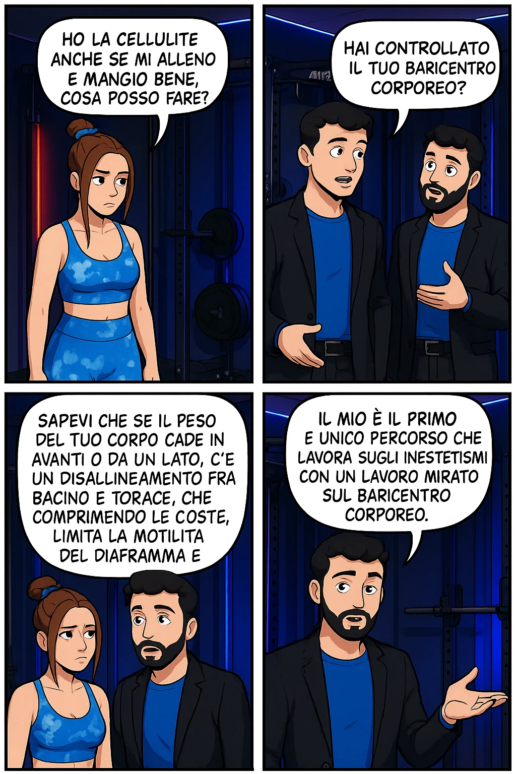 TRASFORMA QUESTO CAROSELLO IN UN FUMETTO CON QUESTE DUE PERSONE IDENTICHE CHE INTERLOQUISCONO TRA LORO:

LEI: Ho la cellulite anche se mi alleno e mangio bene, cosa posso fare?

LUI: Hai controllato il tuo baricentro corporeo?
Sapevi che se il peso del tuo corpo cade in avanti o da un lato, c’è un disallineamento fra bacino e torace, che comprimendo le coste, limita la motilità del diaframma e l’ossigenazione dei tessuti?
Il mio è il primo e unico percorso che lavora sugli inestetismi con un lavoro mirato sul baricentro corporeo. emoji