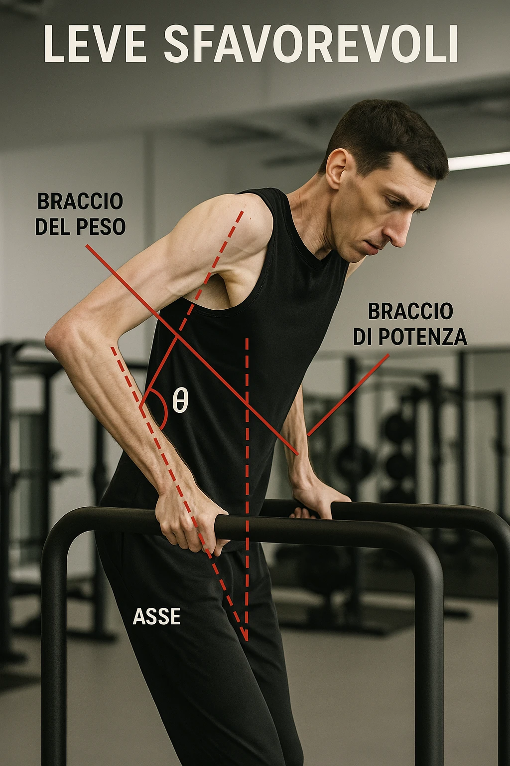 a tall, lean man with very long arms and a short torso attempts a dip on parallel bars. His elbows are deeply bent and his body appears awkwardly positioned, highlighting the mechanical disadvantage. An overlay shows anatomical lines and angles, with labels explaining “Leve Sfavorevoli” The background is a modern gym, with a focus on biomechanics. in italiano emoji