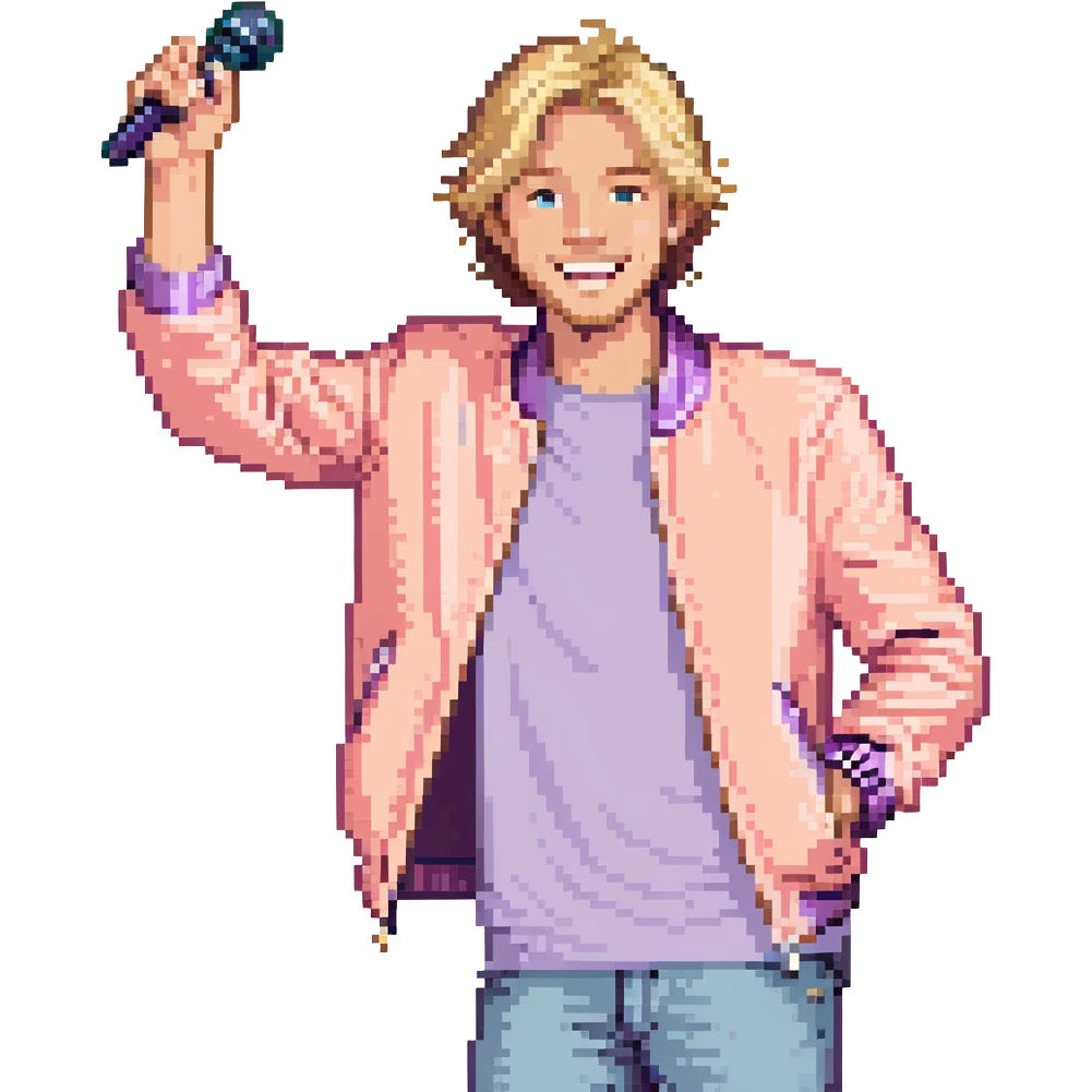 Pixel art style, expressive male performer, Caucasian features, short sandy blonde hair, lively eyes, wide cheerful smile, wearing a coral violet jacket over white tee, tossing a microphone in one hand, waist-up, front-facing emoji