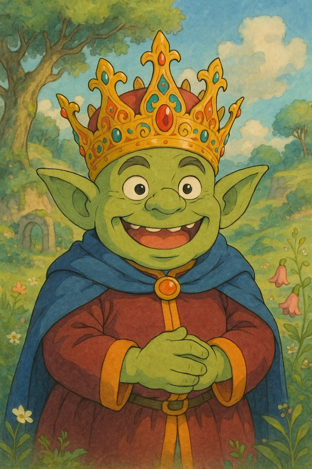 happy goblin king, beardless, wearing a crown, ghibli-inspired style emoji