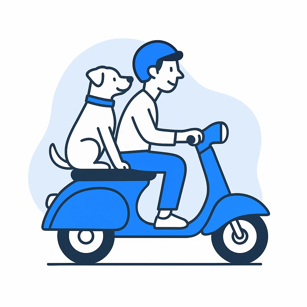 man and his pet dog riding a vespa emoji