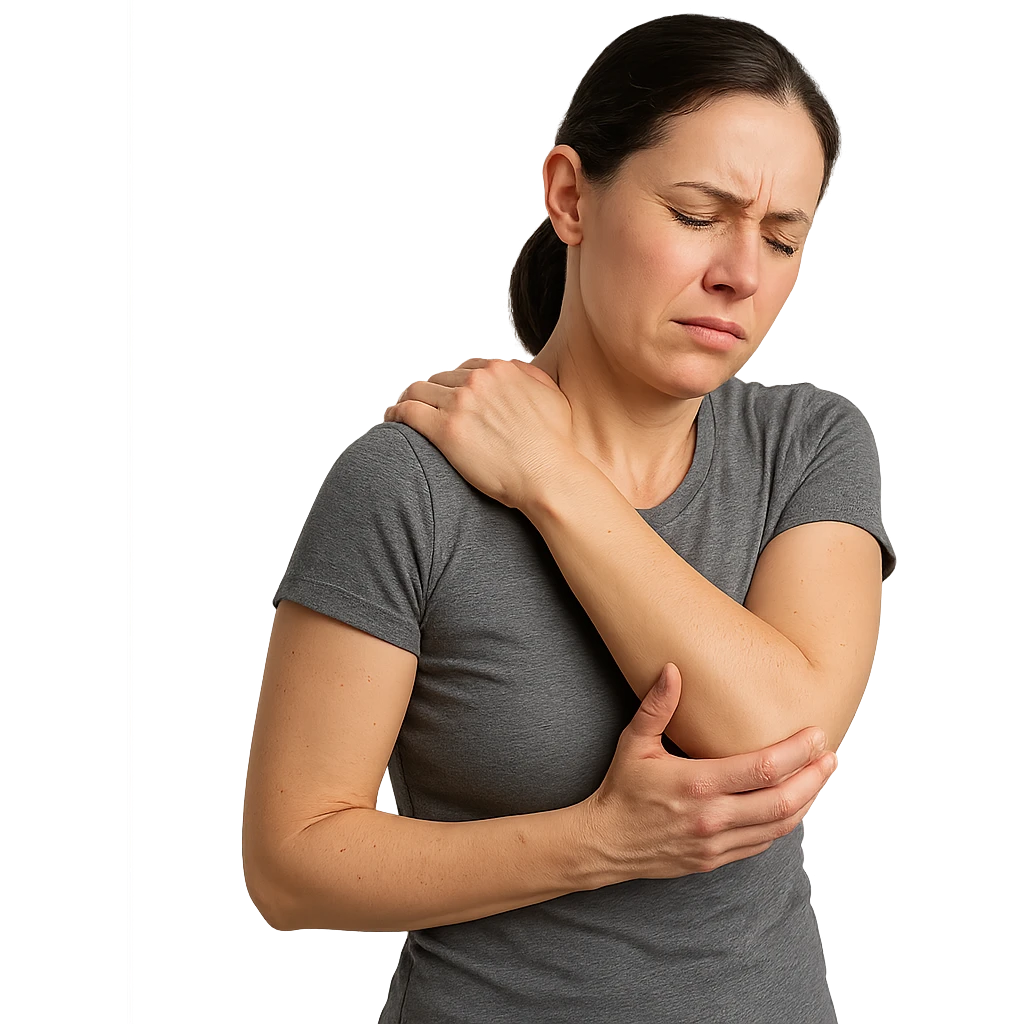 realistic woman with rigid posture massaging shoulder with hands, expression of discomfort, on white background emoji