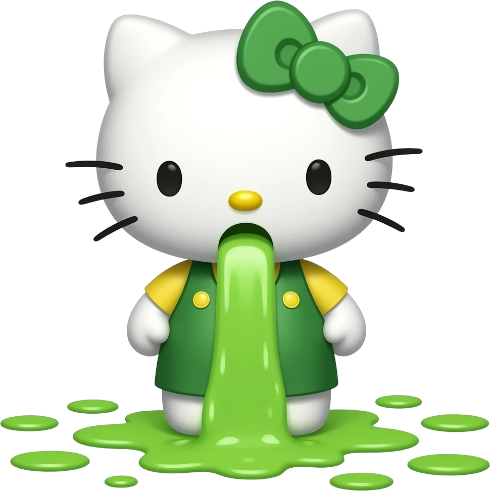 green-white hello kitty is vomiting neon green through her mouth, spewing it out onto the floor at her feet niagara fuck emoji