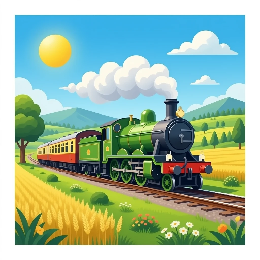 A vibrant pc game style steam locomotive travelivg trough a countryside emoji