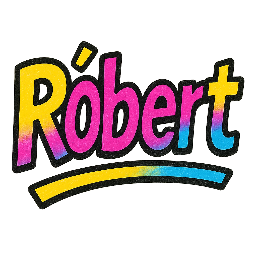 The name 'Róbert' in a modern, colorful gradient font with a dark outline, dynamic, slanted or partial underline, in the style of reference patterns. emoji