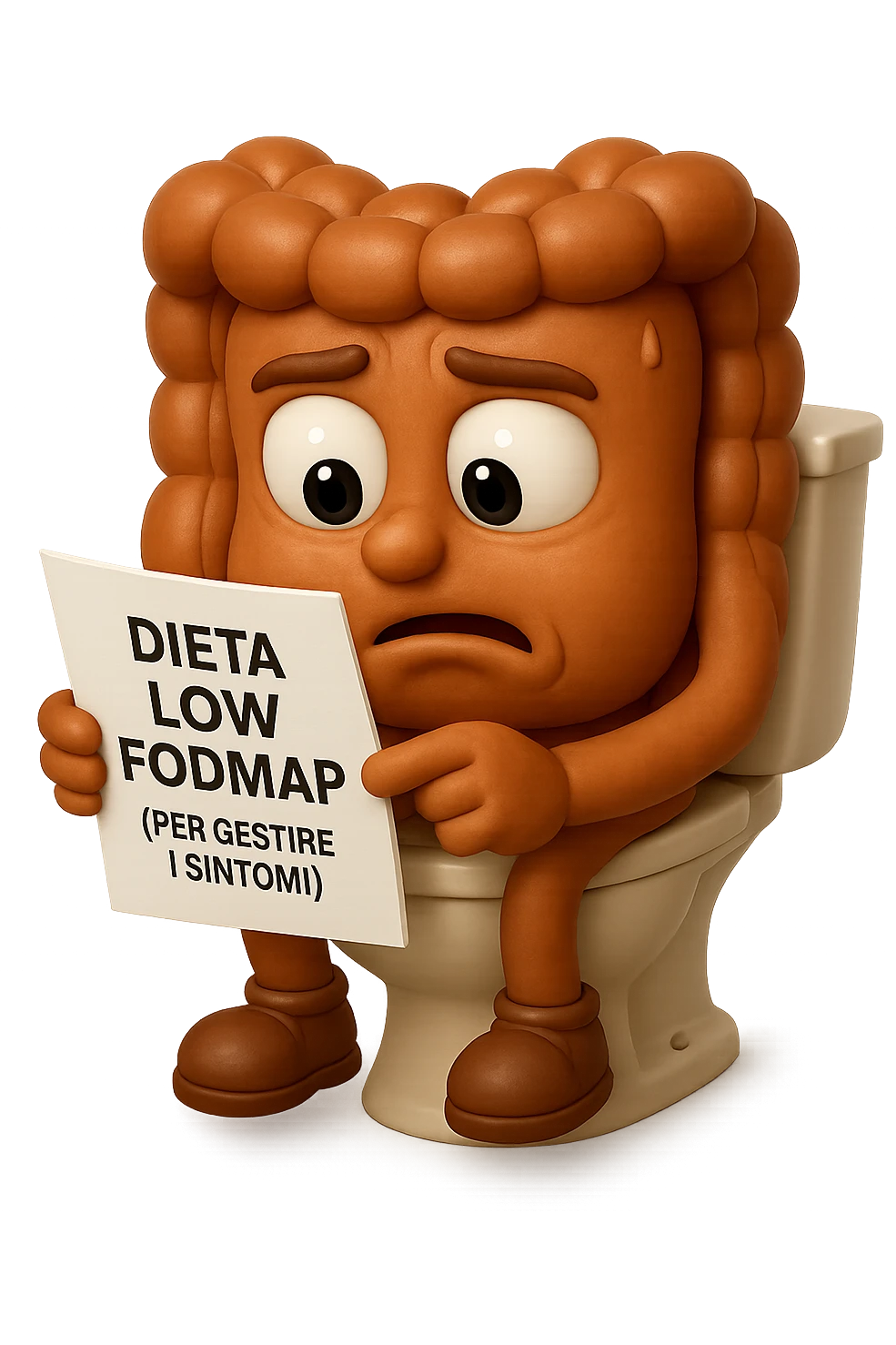 EMOJI STILE IPHONE DI UN INTESTINO UMANO ANATOMICO CHE GUARDA UN FOGLIO CON LA SCRITTA "DIETA LOW FODMAP (PER GESTIRE I SINTOMI)", FAGLI ANCHE LA PARTE BIANCA DEGLI OCCHI, NON SOLO LE PUPILLE, IPERREALISTICO 4K emoji