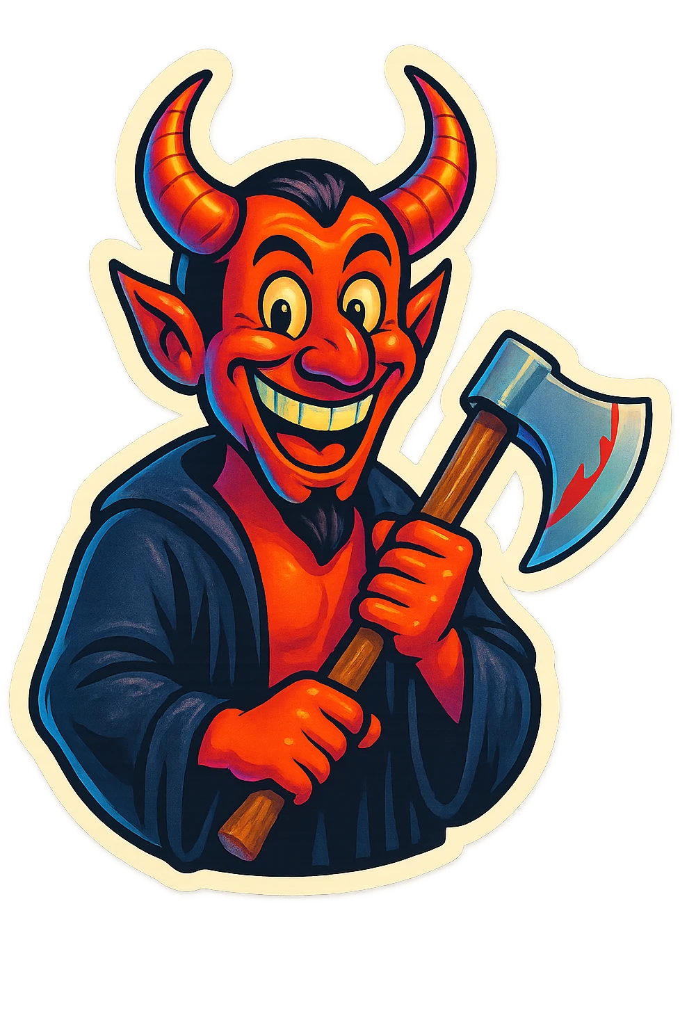 Change the satanic figure to look happy and funny, with a Joker-inspired big smile and a goofy, playful face. Keep the axe, use bright, whimsical colors. emoji