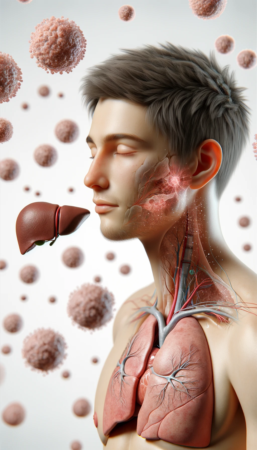corpo umano anatomico con capelli corti e gli occhi chiusi, intorno a lui fluttuano cellule, fegato in evidenza, ha l'espressione rilassata, visto dal fianco iperrealistica 4k, isolato su sfondo bianco emoji
