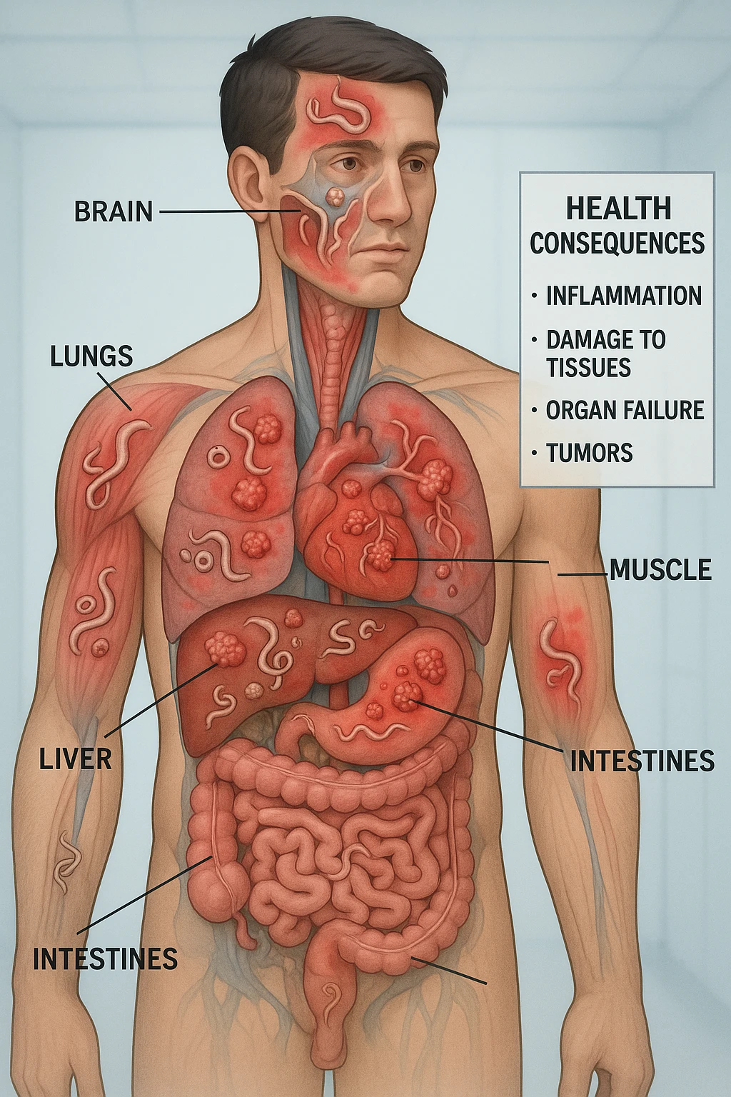 a semi-transparent view of a man’s body reveals numerous parasitic organisms inside his organs and tissues. Some areas are highlighted with red or inflamed zones, and small tumor-like masses are visible where the parasites cluster. The background is clinical and educational, with labels pointing to affected organs and a sidebar showing the health consequences. emoji