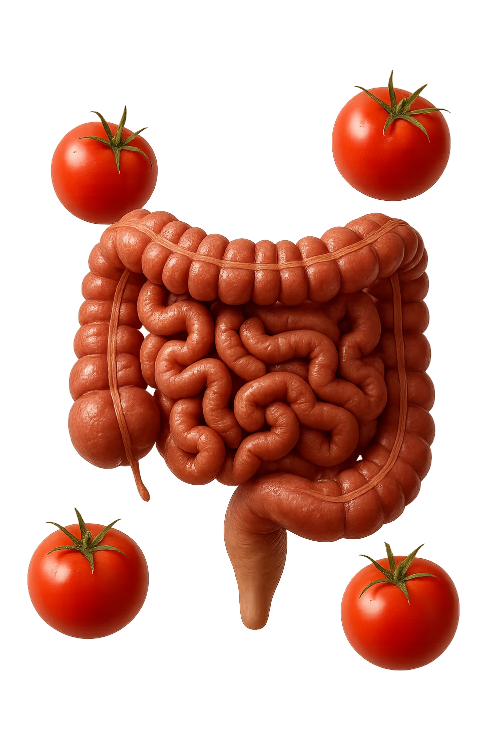intestino umano anatomico con pomodori che gli fluttuano intorno, iperrealistico 4k emoji