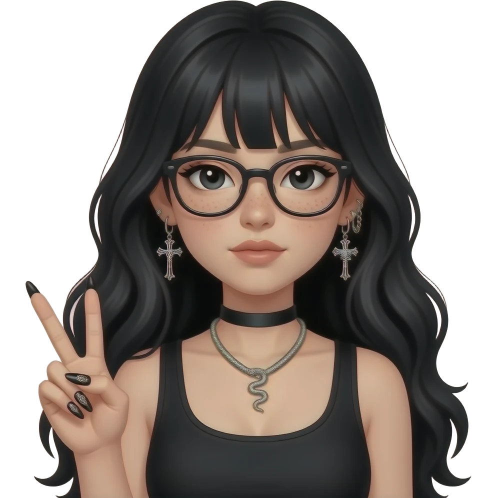 Pale Girl in black, sitting (upper body), long voluminous hair, black eyes with light eyeliner, glasses, subtle freckles. Helix-to-lobe chain earrings with skeleton cross details, small silver snake necklace. Holding a peace sign, long black and silver nails with detailed designs emoji