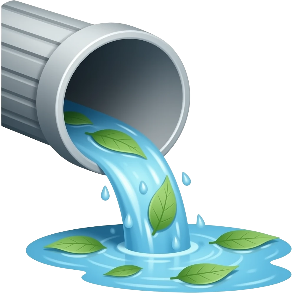 gutter carrying water running into a body of water with leaves blocking the passage of water emoji