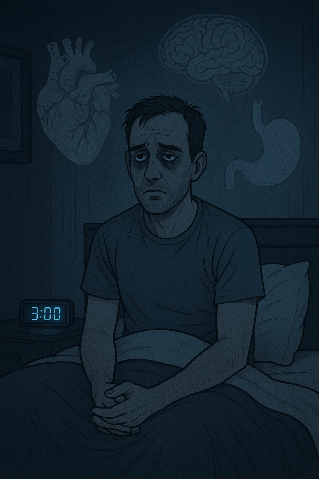 a man sits awake in bed in the middle of the night, dark circles under his eyes and a tired, anxious expression. The room is dimly lit by the blue glow of a phone or digital clock showing 3:00 AM. Around him, faint ghostly overlays of anatomical drawings highlight affected organs—heart, brain, and stomach—symbolizing the physical harm caused by disrupted sleep. emoji