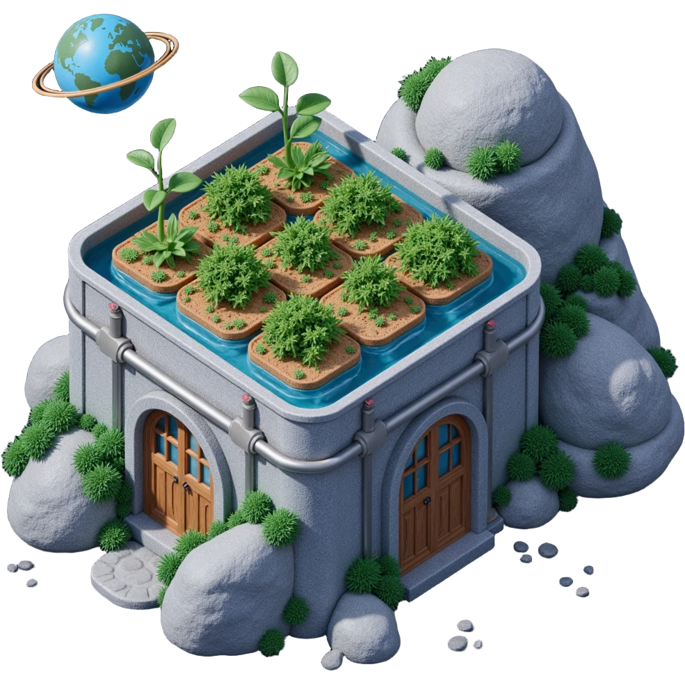 Exterior of a space farm built on asteroids, cookie plants growing in domes, metallic pipes connecting modules, stars and planets in the background emoji