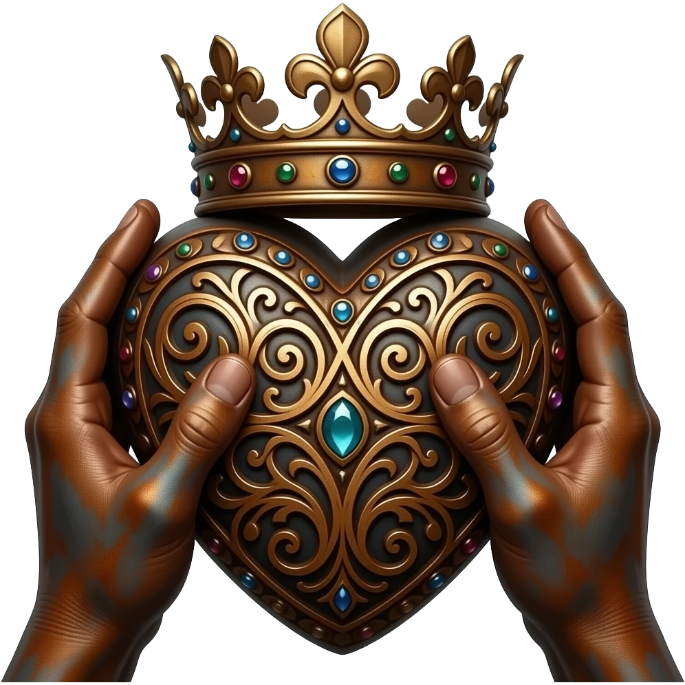 two rusty hands touch with their fingers a rusty heart richly ornamented with arabesques and studded with precious stones with a richly decorated royal crown, dramatic lighting - backlight emoji