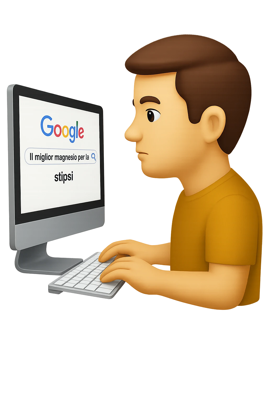 emoji stile iphone di un uomo davanti al pc che cerca di google: "Il miglior magnesio per la stipsi", iperrealistico 4k emoji