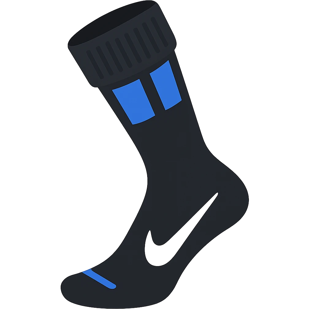 A single black football sock with a white Nike tick, compression sock style, emoji style, no background emoji
