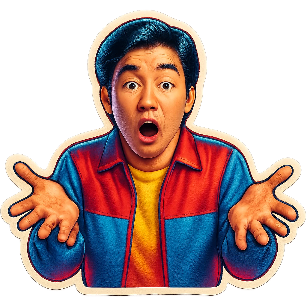 The same Japanese man looks at the viewer with a surprised look, and his hands are empty emoji