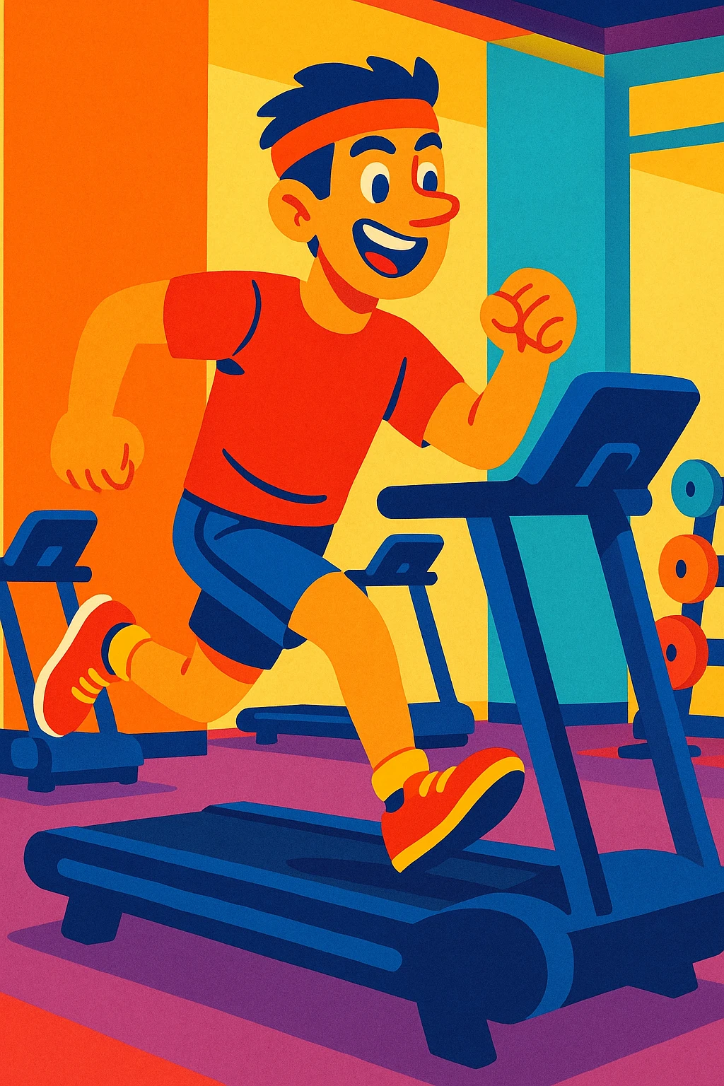 energetic man running on treadmill in gym, vibrant style, lively and colorful emoji