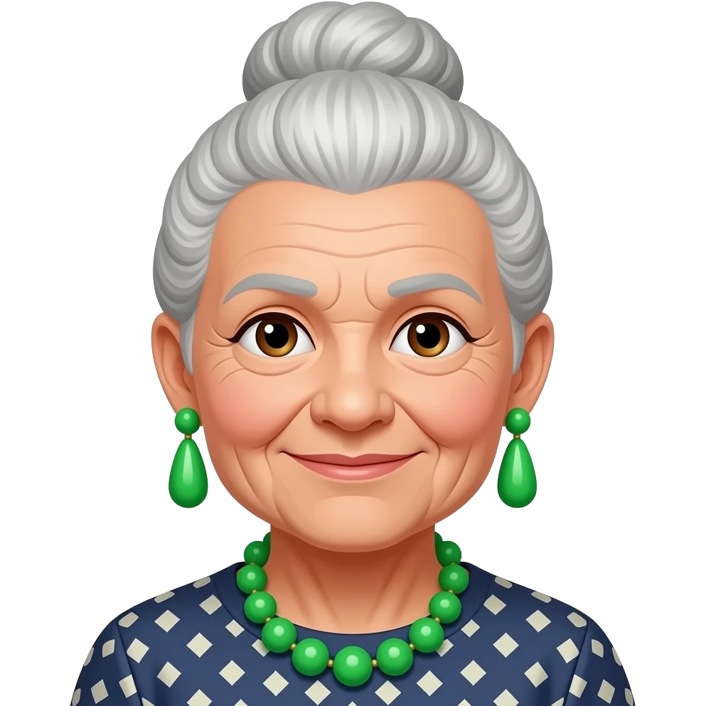 a old lady with bun war vibrant green color earings and necklace close up emoji