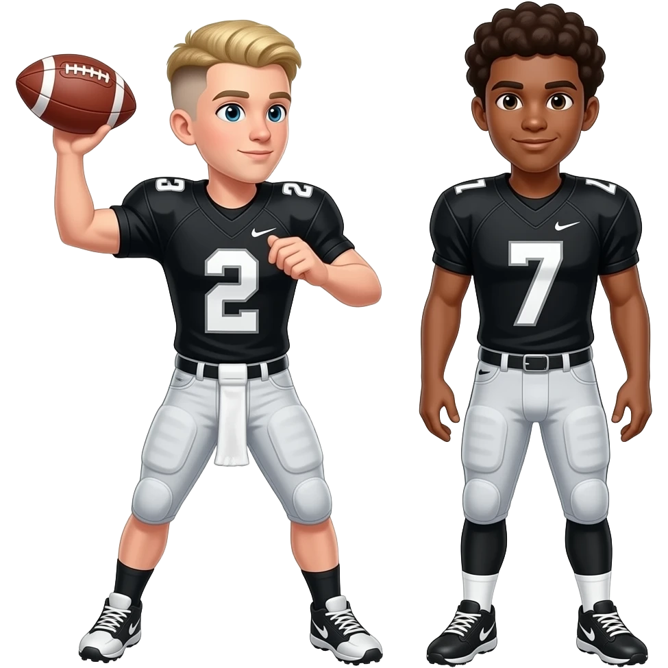 make a white 22 year old with a dirty blonde low taper fade wearing a football jersey with the number 2 throwing a football to a brown 22 year old wearing a football jersey and the jerseys are black with the number 7 emoji