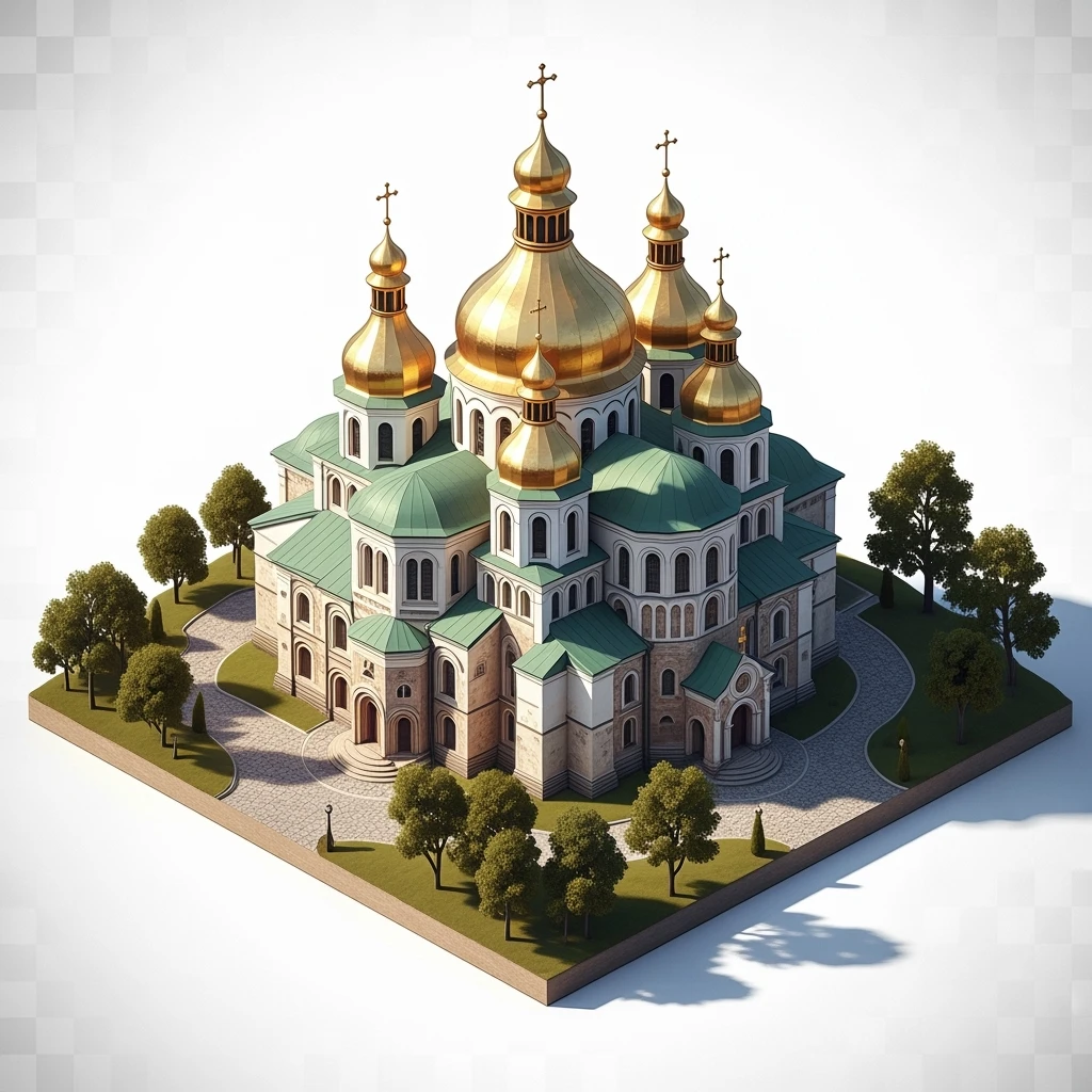 Isometric illustration of photorealistic Saint Sophia Cathedral in Kyiv, balanced between paint stylized and realistic, 3D miniature effect, transparent background. emoji