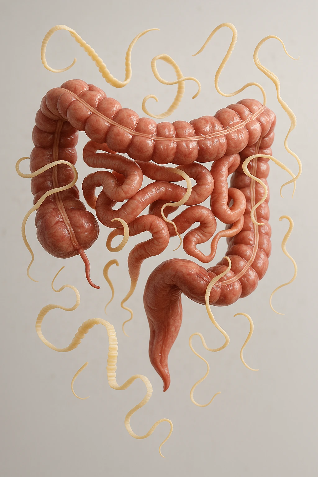 INTESTINO UMANO ANATOMICO REALISTICO FLUTTUA IN ARIA INSIEME A PARASSITI COME LA TENIA, SFONDO CHIARO, iperrealistico 4k emoji