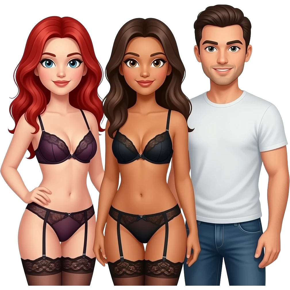 3 sexy people - 1 redhead female in lingerie, 1 brunette female in lingerie , 1 brunette male emoji