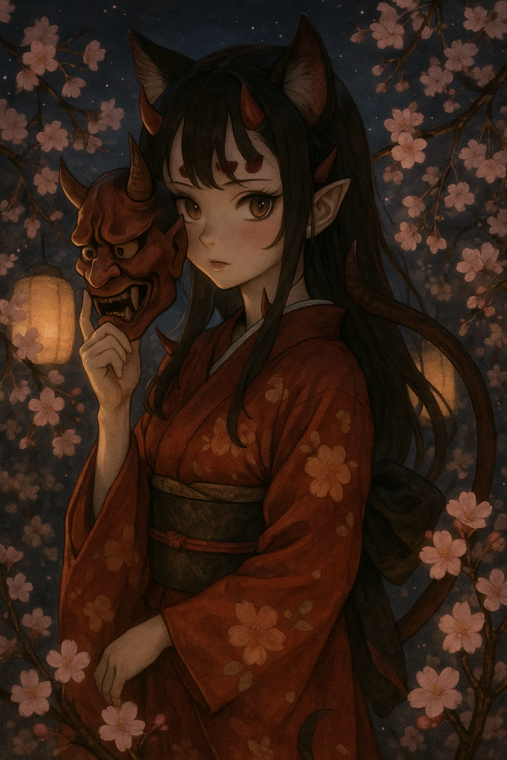 realistic anime catgirl devil in a traditional Japanese kimono, oni mask, cherry blossoms at night emoji