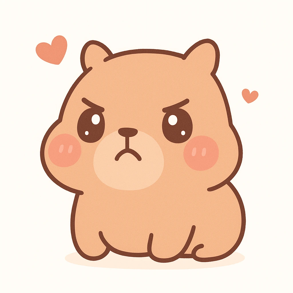annoyed capybara in chibi anime style, puffed cheeks, furrowed eyebrows, small frown, kawaii details, white background emoji