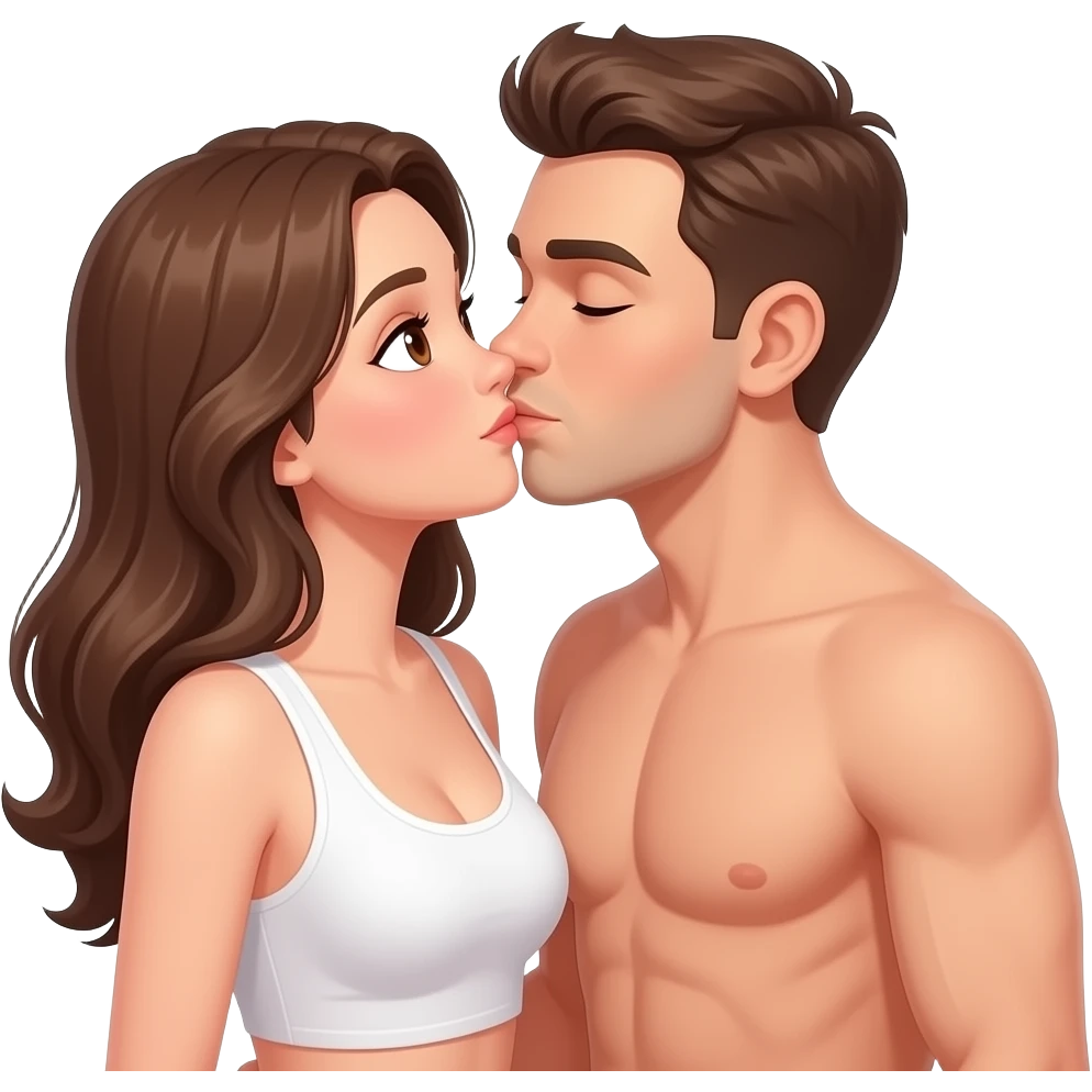 One woman with brown eyes, light skin brown hair, light skin standing next to men light skin brown hair being sexual no shirts kissing showing her boobs emoji